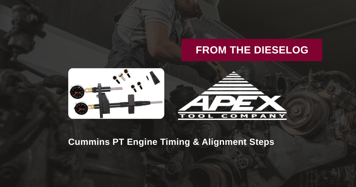 Step-by-step close up layout of heavy-duty Cummins PT engine timing tool and dial indicators on a cylinder head deck